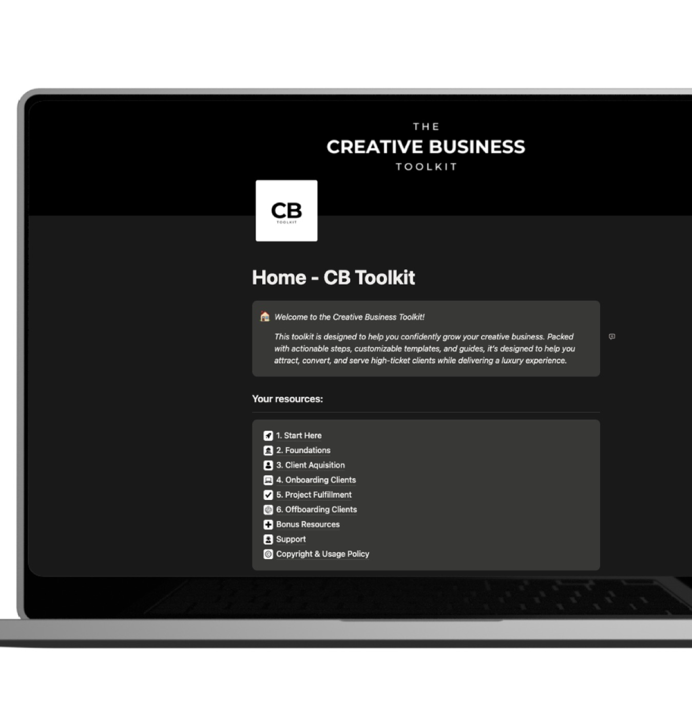 The Creative Business Toolkit inside Notion on a MacBook