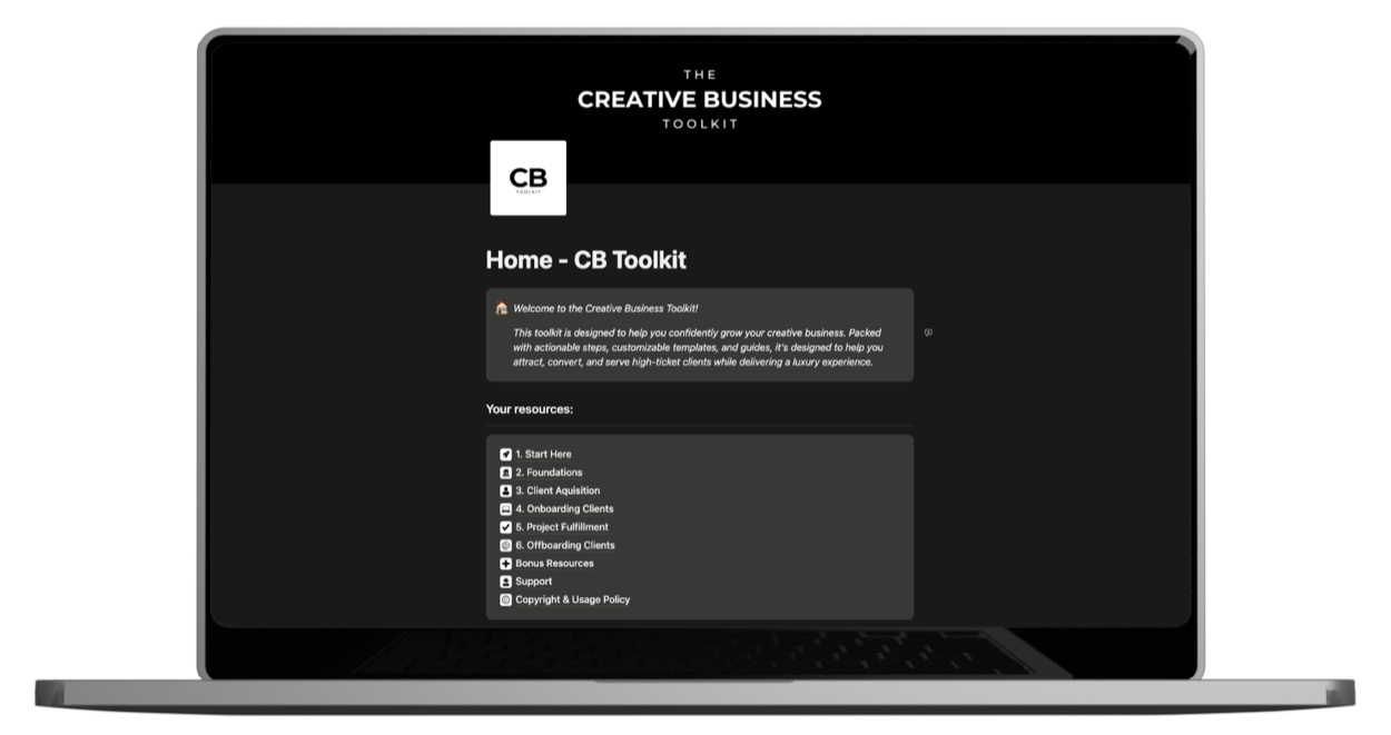 The Creative Business Toolkit inside Notion on a MacBook