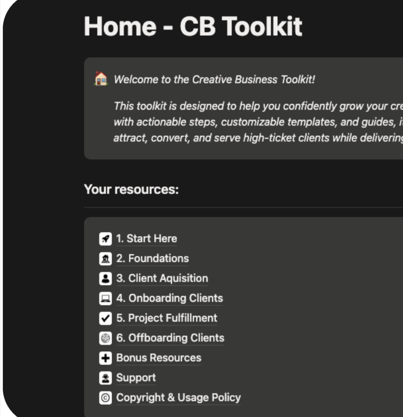 CB Toolkit home dashboard in Notion