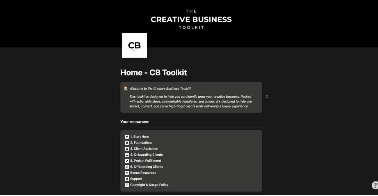 CB Toolkit home dashboard in Notion