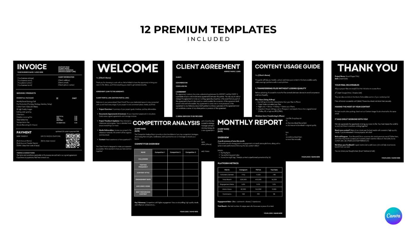 The 12 premium Canva templates included in the CB Toolkit